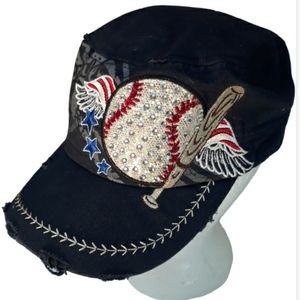 Leader L.O.G.A 100% Cotton Tattered-Look Navy Blue Womens Bedazzled Base…